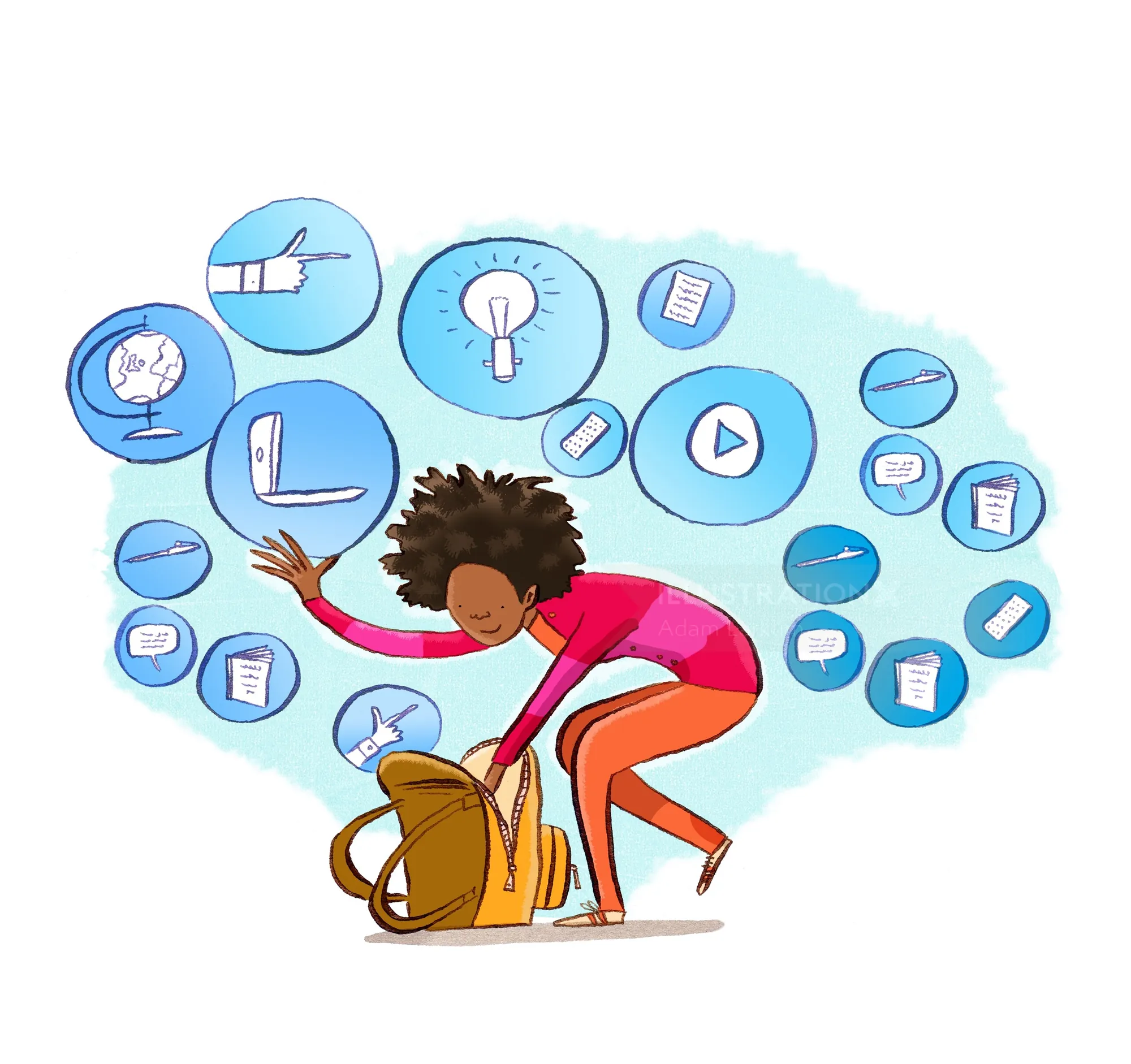Woman reaching into backpack with floating icons by Adam Larkum