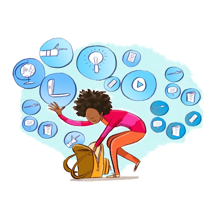 Woman reaching into backpack with floating icons by Adam Larkum