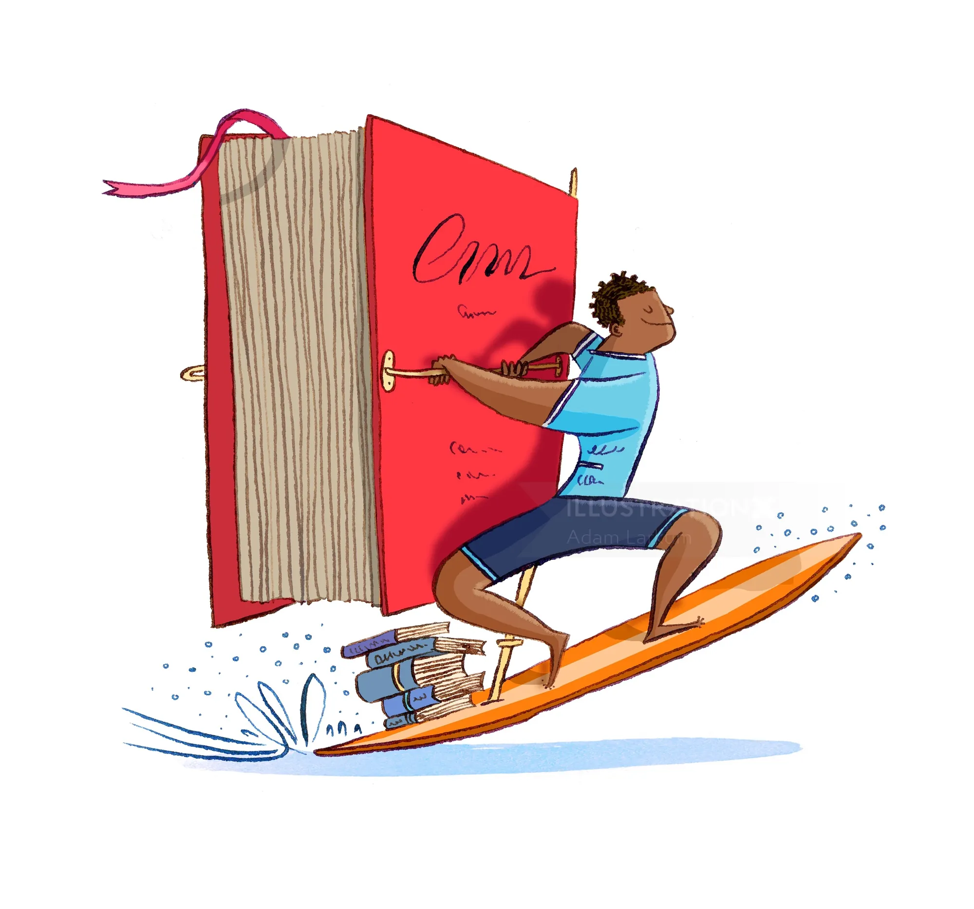 Surfer carrying large red book and smaller books on surfboard by Adam Larkum