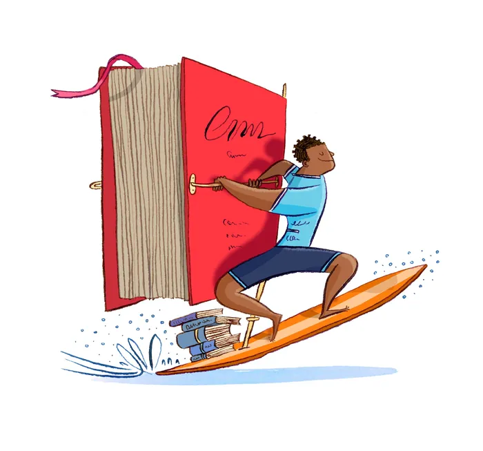 Surfer carrying large red book and smaller books on surfboard by Adam Larkum