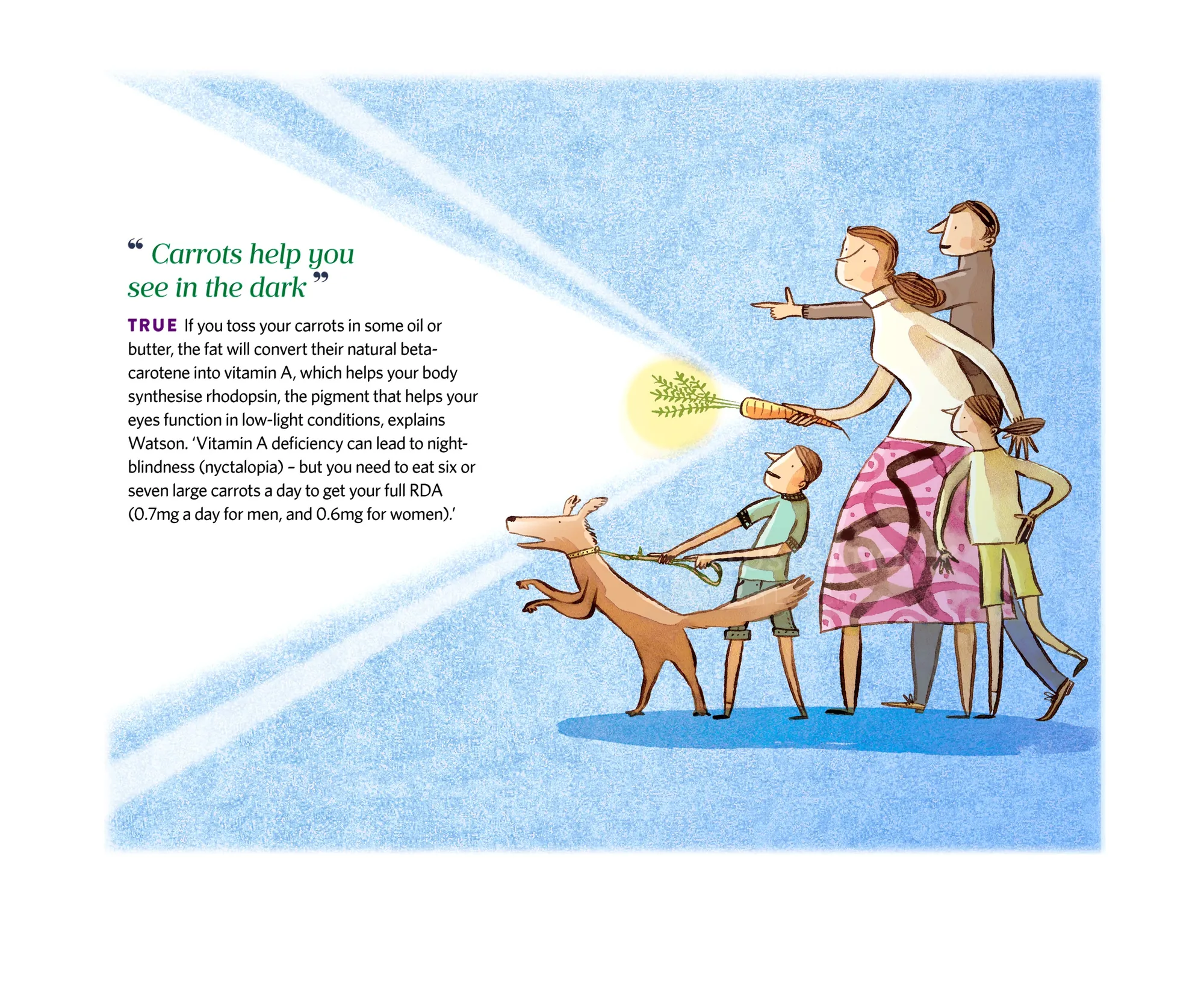 Cartoon showing a family and dog looking at a glowing carrot, by Adam Larkum