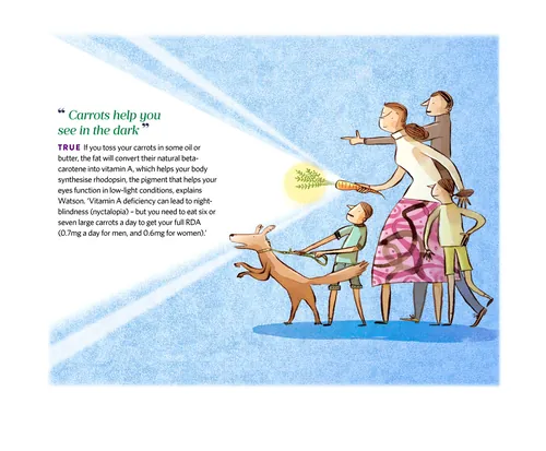 Cartoon showing a family and dog looking at a glowing carrot, by Adam Larkum