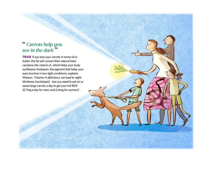 Cartoon showing a family and dog looking at a glowing carrot, by Adam Larkum