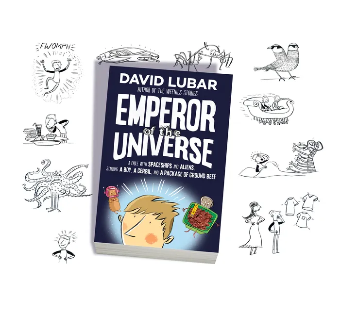 Book cover illustration for Emperor of the Universe by David Lubar with doodles by Adam Larkum