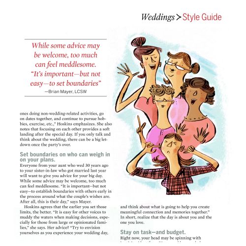 Wedding planning advice illustration by Adam Larkum showing diverse group discussing