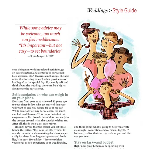 Wedding planning advice illustration by Adam Larkum showing diverse group discussing