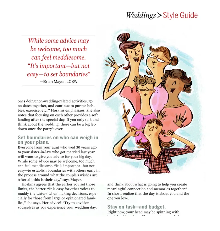 Wedding planning advice illustration by Adam Larkum showing diverse group discussing