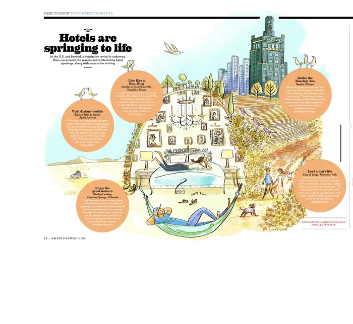 Eco-friendly hotel design illustration by Adam Larkum showing nature and urban integration