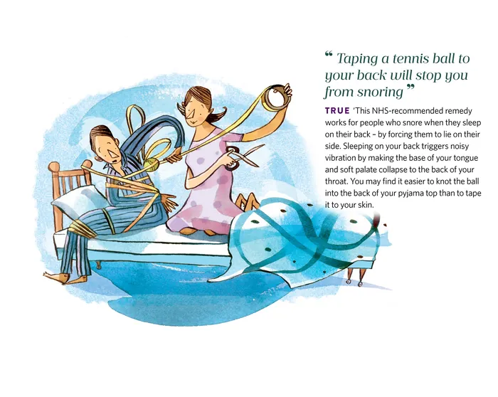 Illustration showing taping a tennis ball to back to stop snoring by Adam Larkum