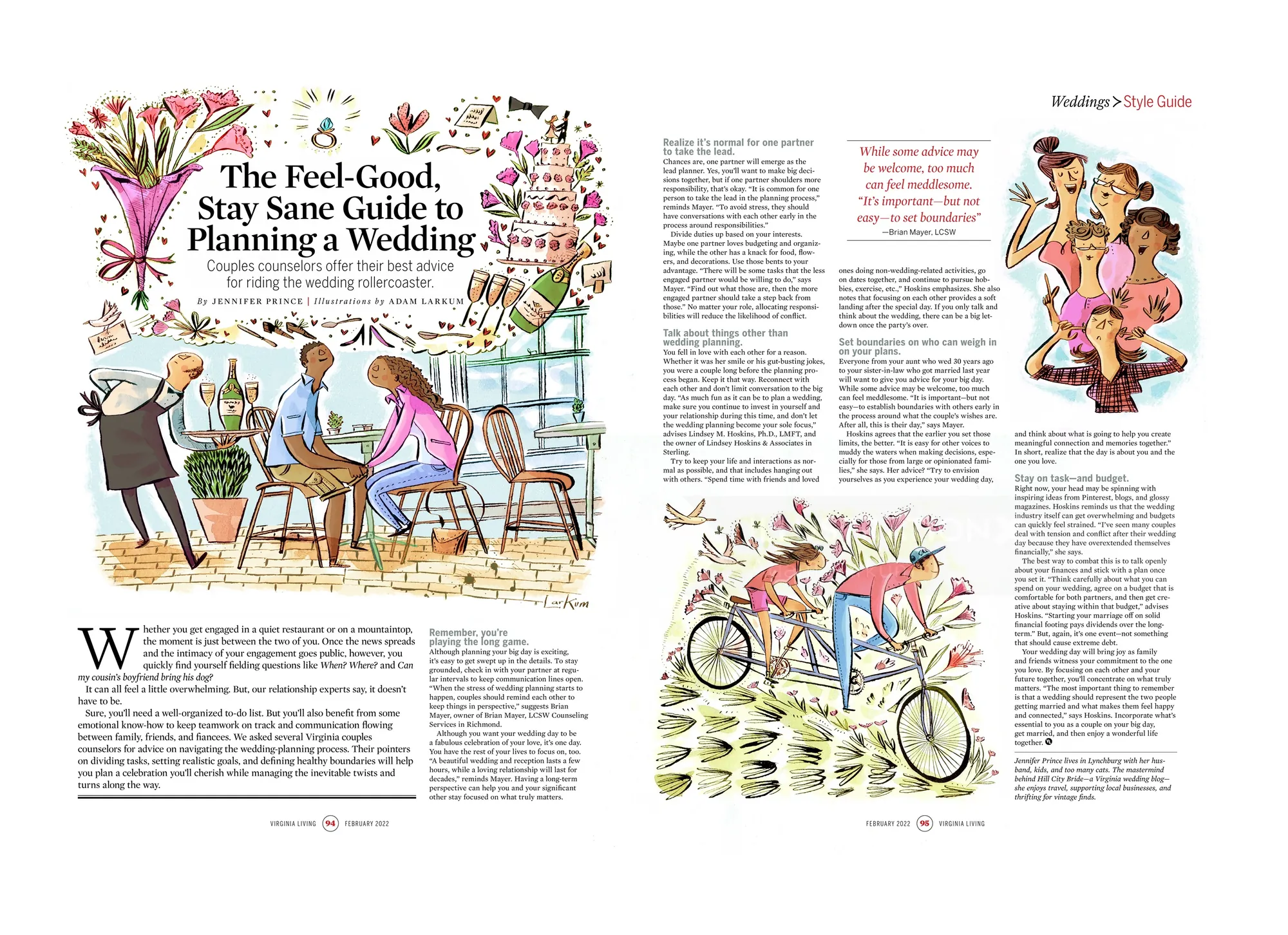 Magazine spread with illustrations about feeling good while planning a wedding by Adam Larkum