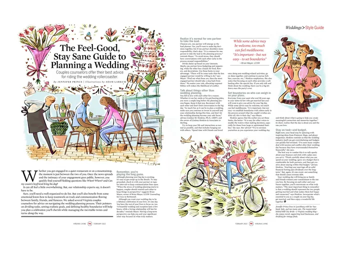 Magazine spread with illustrations about feeling good while planning a wedding by Adam Larkum