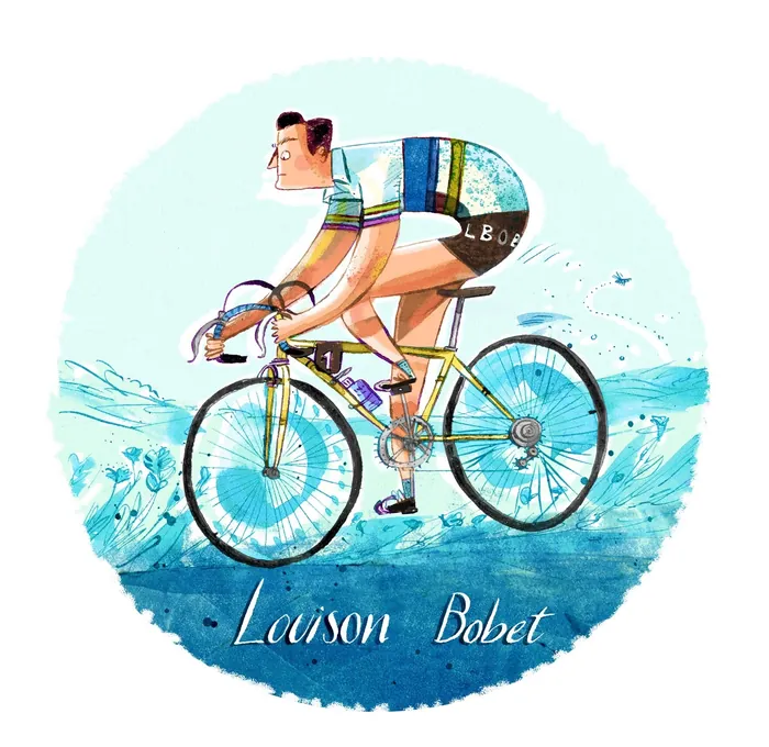 Illustration of cyclist Lawson Bobet riding a bike by Adam Larkum