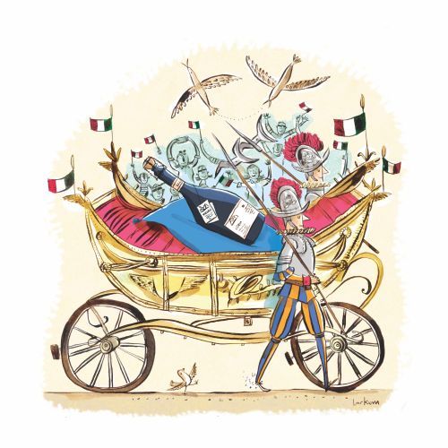 Illustration of a golden carriage with birds and a large bottle by Adam Larkum