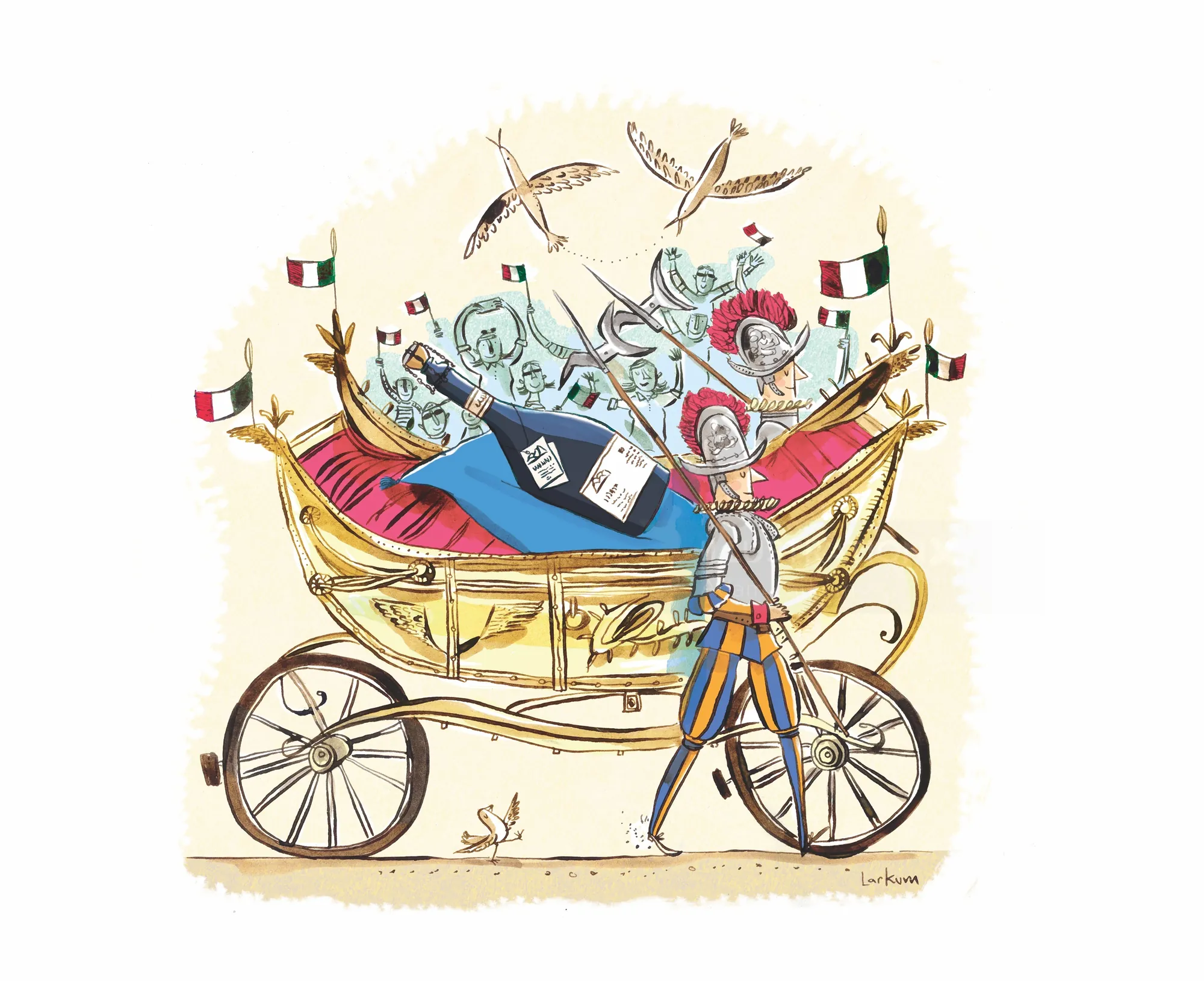 Illustration of a golden carriage with birds and a large bottle by Adam Larkum