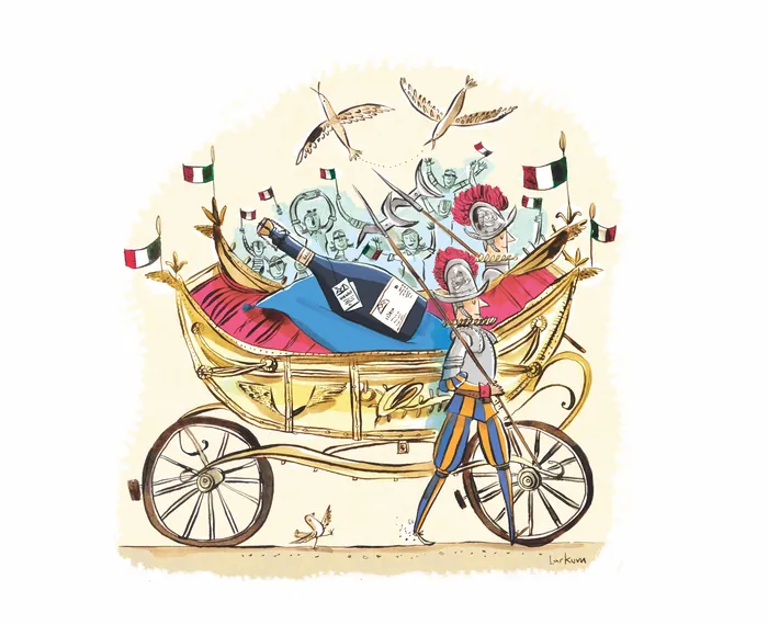 Illustration of a golden carriage with birds and a large bottle by Adam Larkum