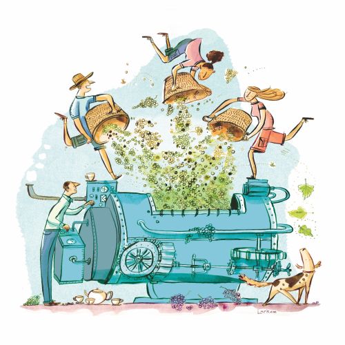 People dancing on large coffee roasting machine, illustration by Adam Larkum