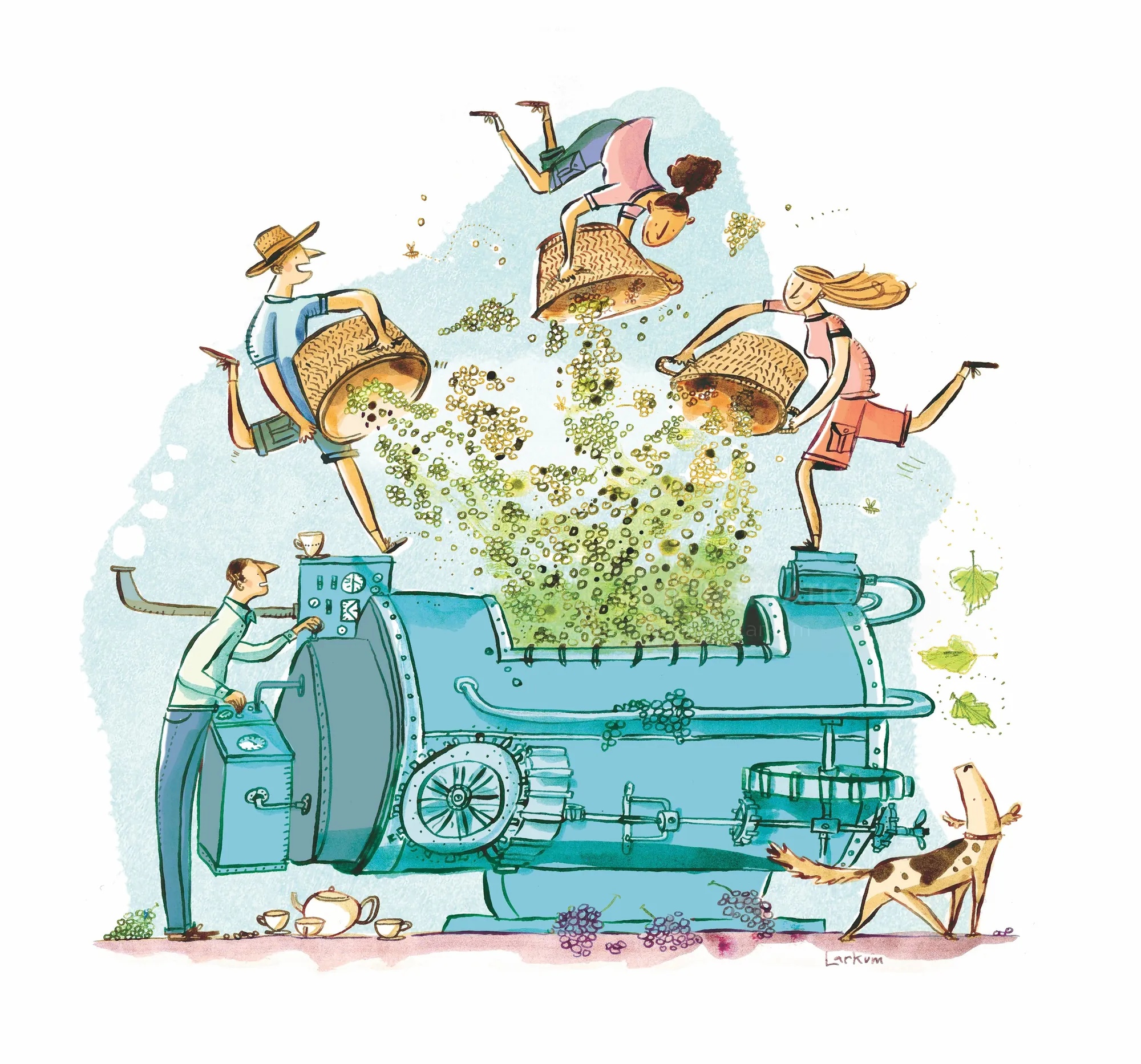 People dancing on large coffee roasting machine, illustration by Adam Larkum