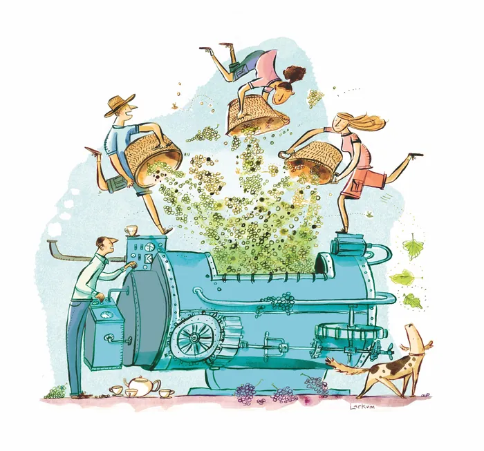 People dancing on large coffee roasting machine, illustration by Adam Larkum