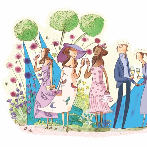 Five elegantly dressed people at a garden party with flowers by Adam Larkum