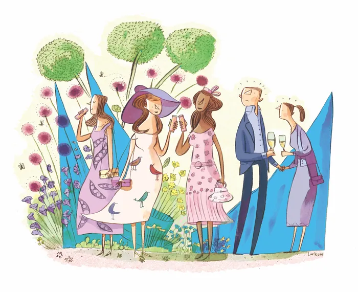 Five elegantly dressed people at a garden party with flowers by Adam Larkum