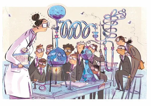 Chemistry lab cartoon with students watching experiment by Adam Larkum