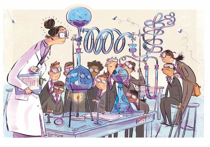 Chemistry lab cartoon with students watching experiment by Adam Larkum