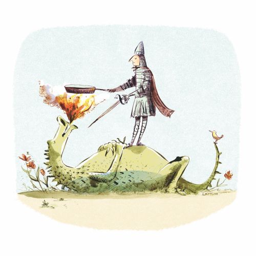 Knight frying a pancake on a sleeping dragon's nose, illustration by Adam Larkum