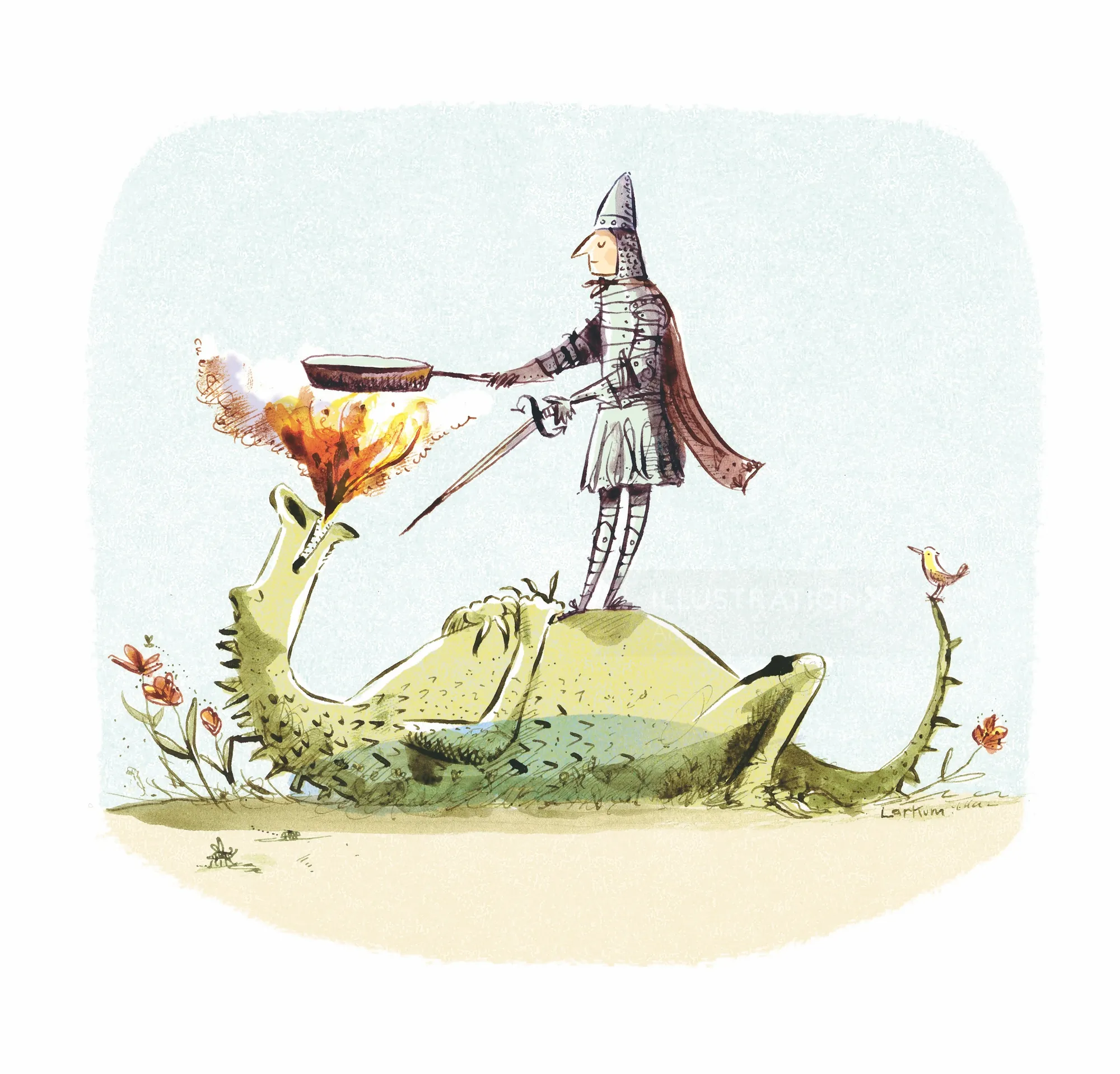 Knight frying a pancake on a sleeping dragon's nose, illustration by Adam Larkum