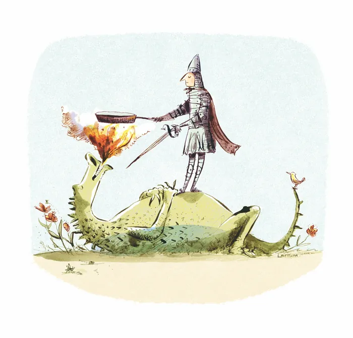 Knight frying a pancake on a sleeping dragon's nose, illustration by Adam Larkum