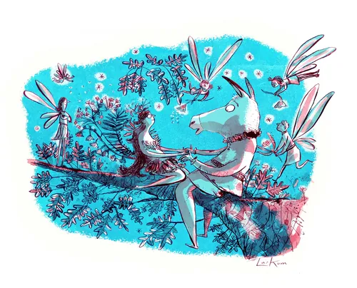 Deer and hedgehog sitting on a tree branch with dragonflies, illustrated by Adam Larkum