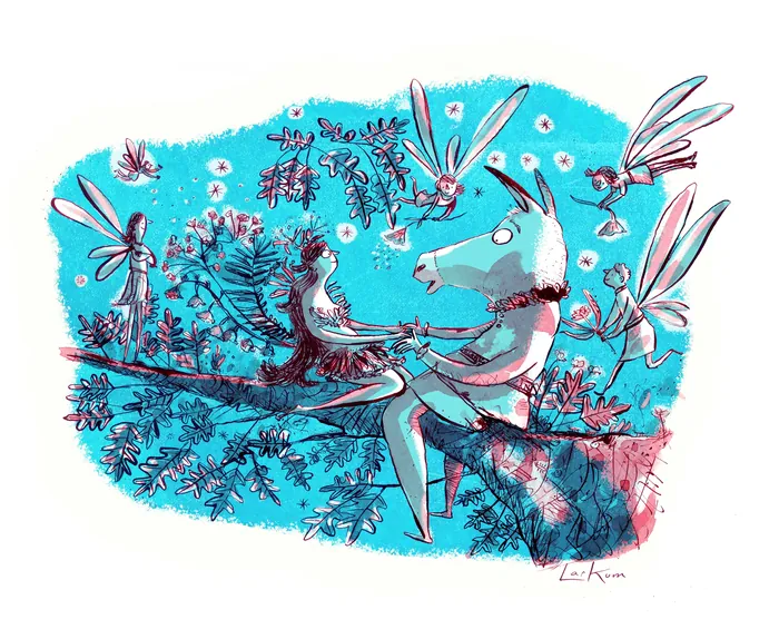 Deer and hedgehog sitting on a tree branch with dragonflies, illustrated by Adam Larkum
