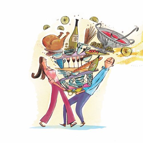 Couple carrying an overflowing feast with dishes and drinks by Adam Larkum