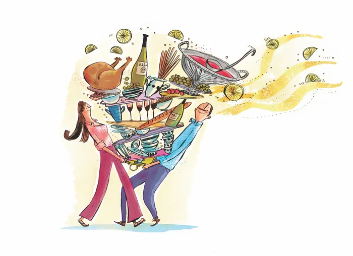 Couple carrying an overflowing feast with dishes and drinks by Adam Larkum