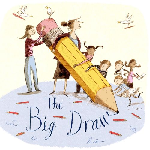 Children drawing with a large pencil illustration by Adam Larkum
