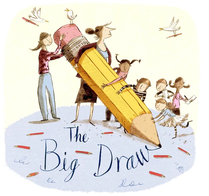 Children drawing with a large pencil illustration by Adam Larkum