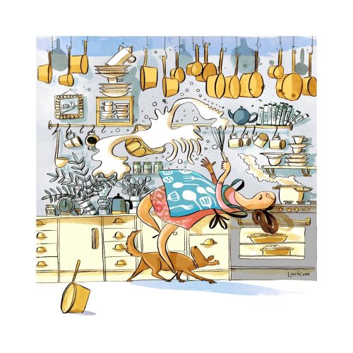 Woman multitasking with flying kitchen utensils in a busy kitchen by Adam Larkum