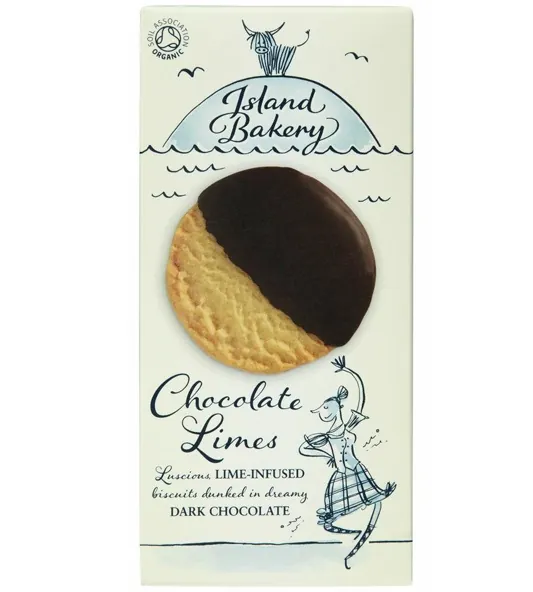 Island Bakery Chocolate Limes biscuit pack with whimsical design by Adam Larkum