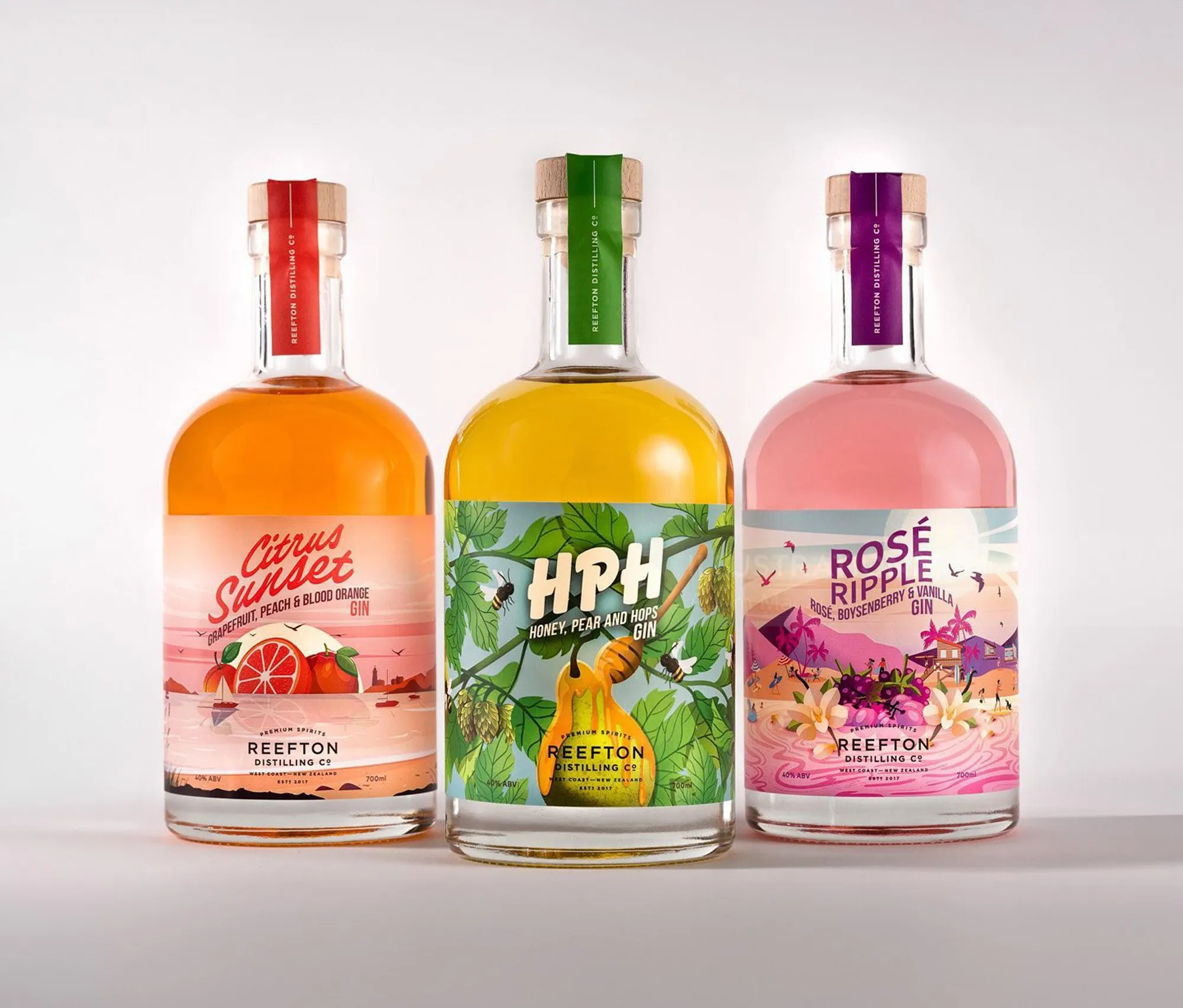 Vibrant new packaging for Reefton Distillery’s updated gin range