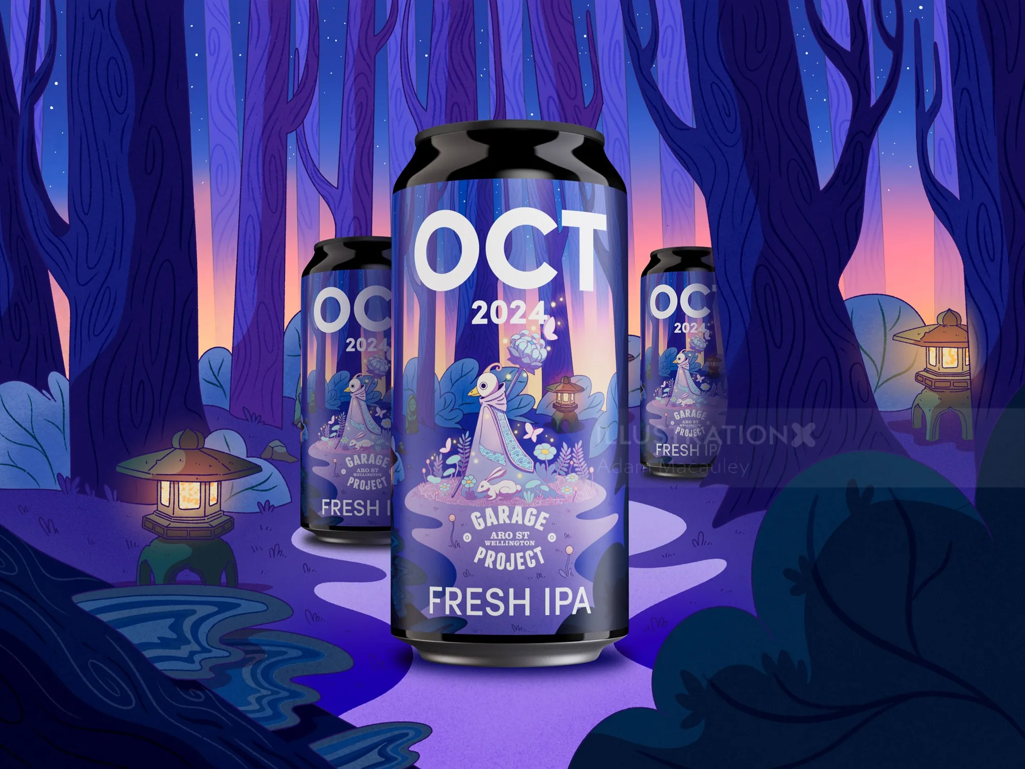 Halloween-themed Fresh IPA cans in a mystical spring forest