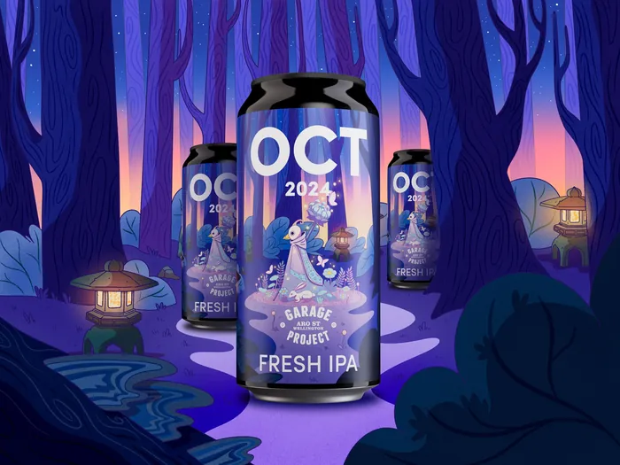 Halloween-themed Fresh IPA cans in a mystical spring forest