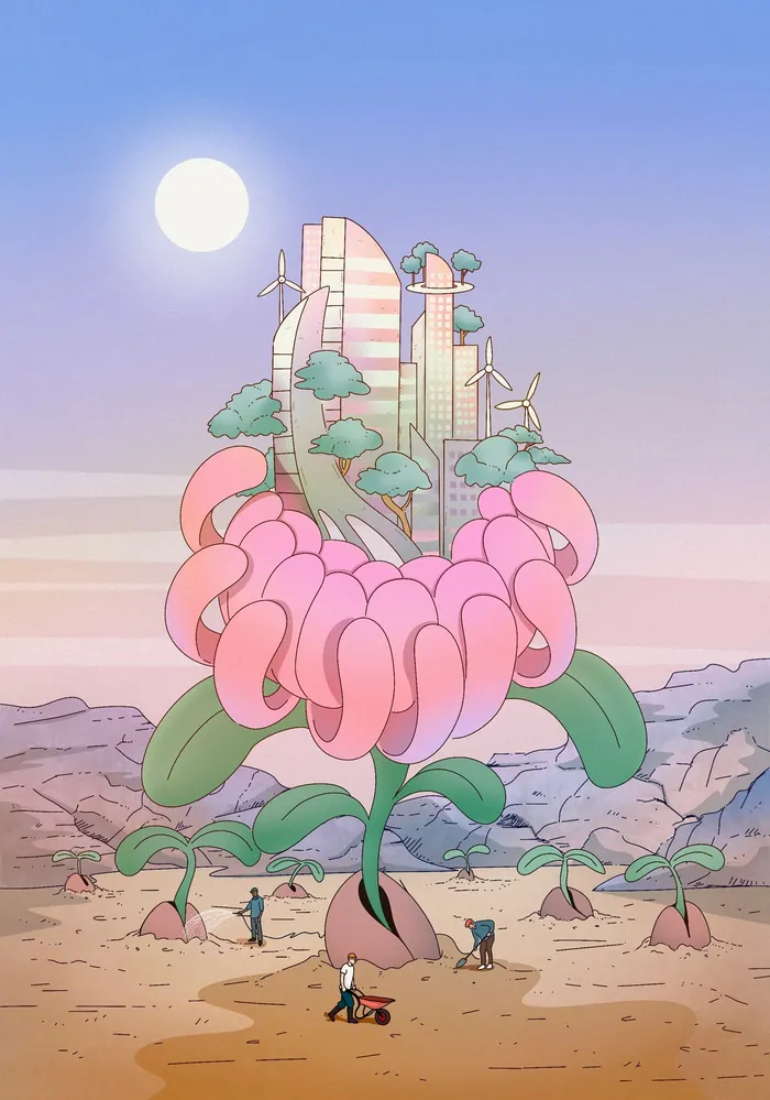 People nurturing giant flower growing futuristic city in barren land