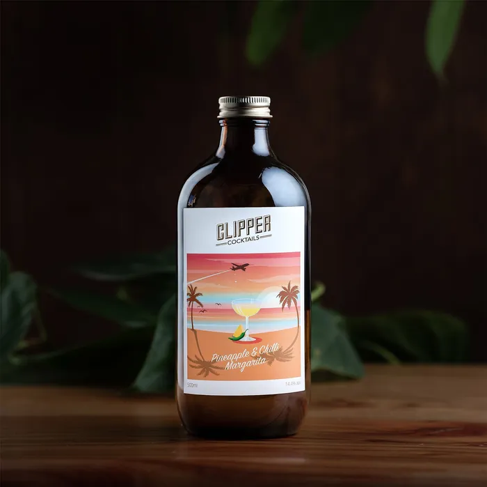 Bottle of Clipper bar cocktail with vintage travel poster style label