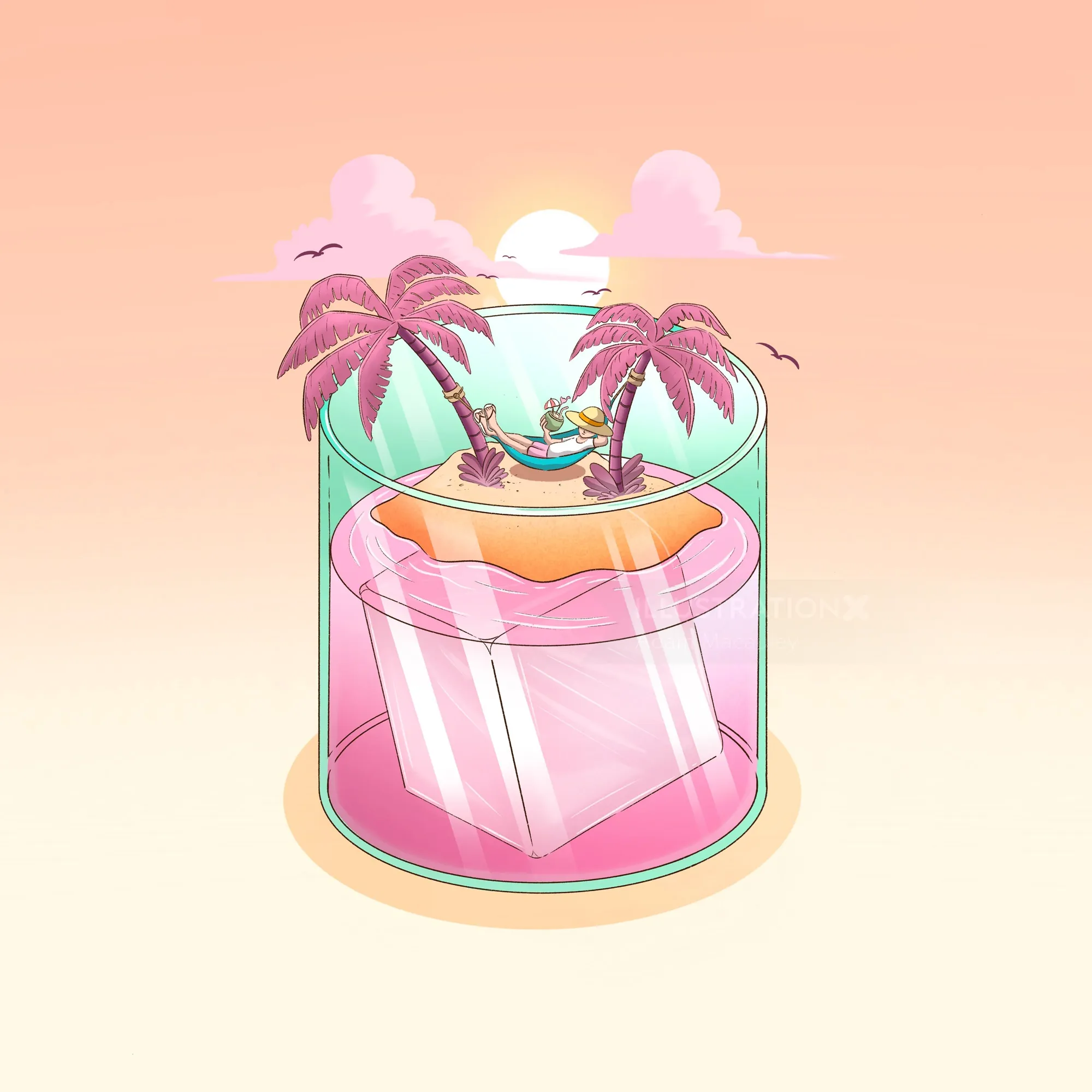 Tropical island with hammock inside a glass with pink drink
