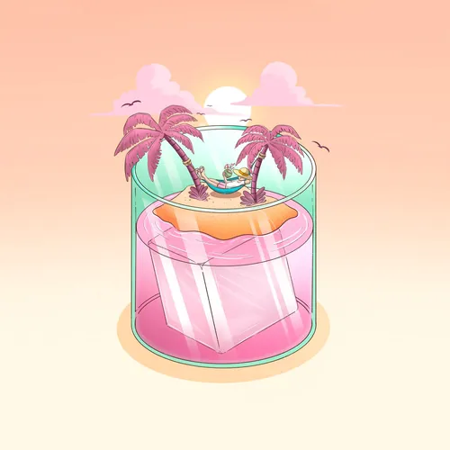 Tropical island with hammock inside a glass with pink drink