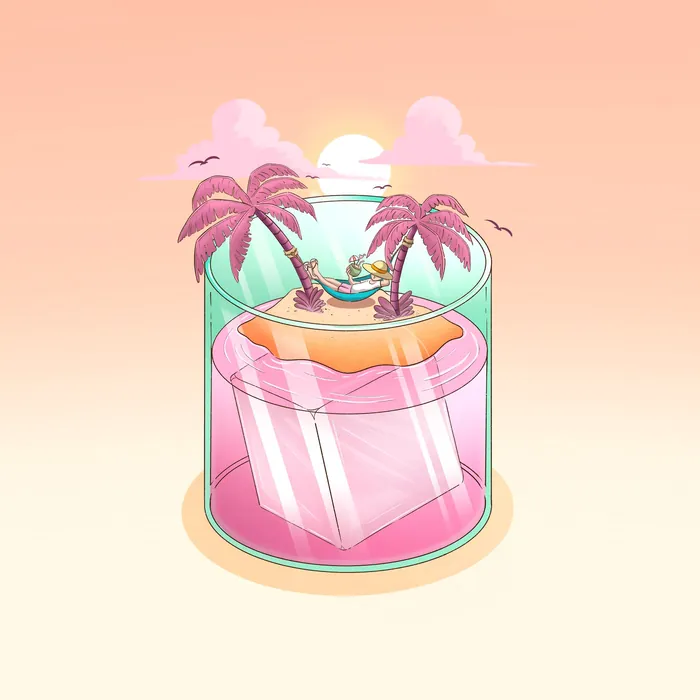 Tropical island with hammock inside a glass with pink drink