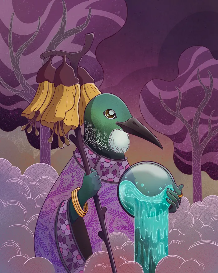 Mystical bird character holding staff and glowing water orb