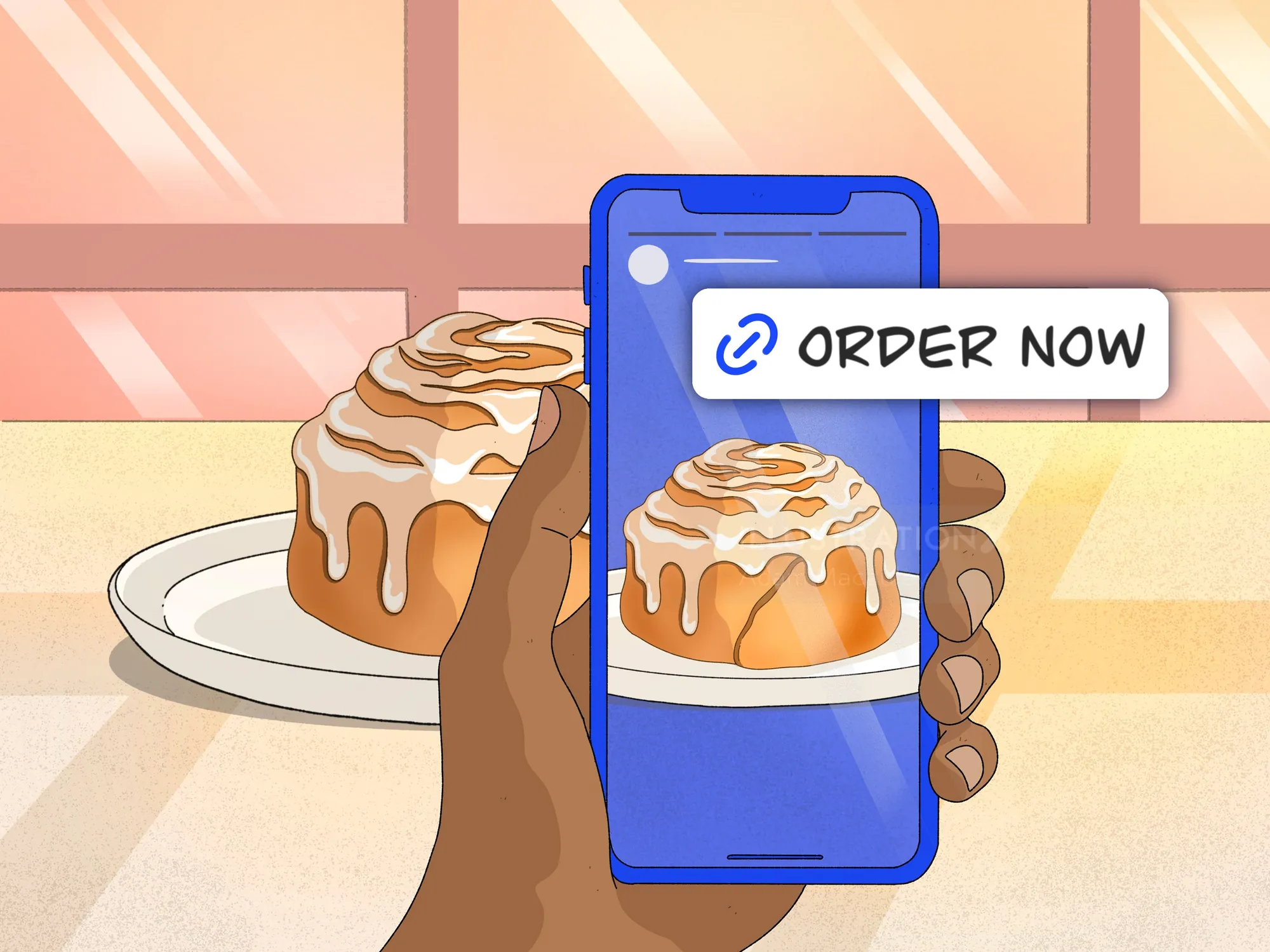 Hand holding phone displaying cinnamon roll with order now button