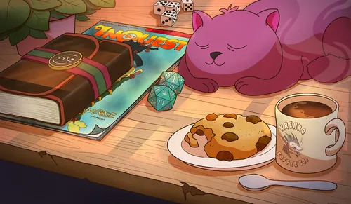 Cozy scene with purple cat, cookies, coffee, and Magic: The Gathering items
