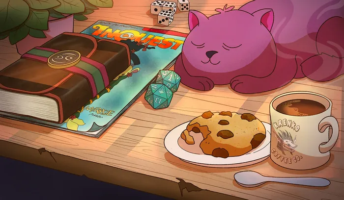 Cozy scene with purple cat, cookies, coffee, and Magic: The Gathering items
