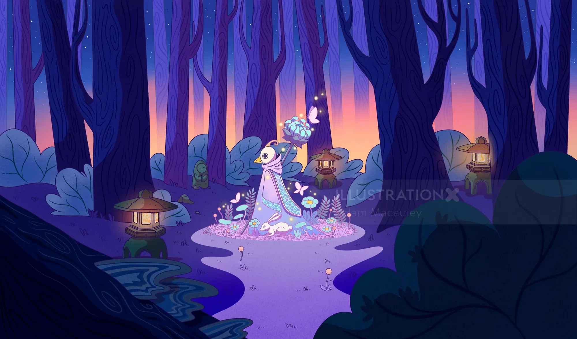 Halloween spirit in a spring forest with flowers and glowing lanterns